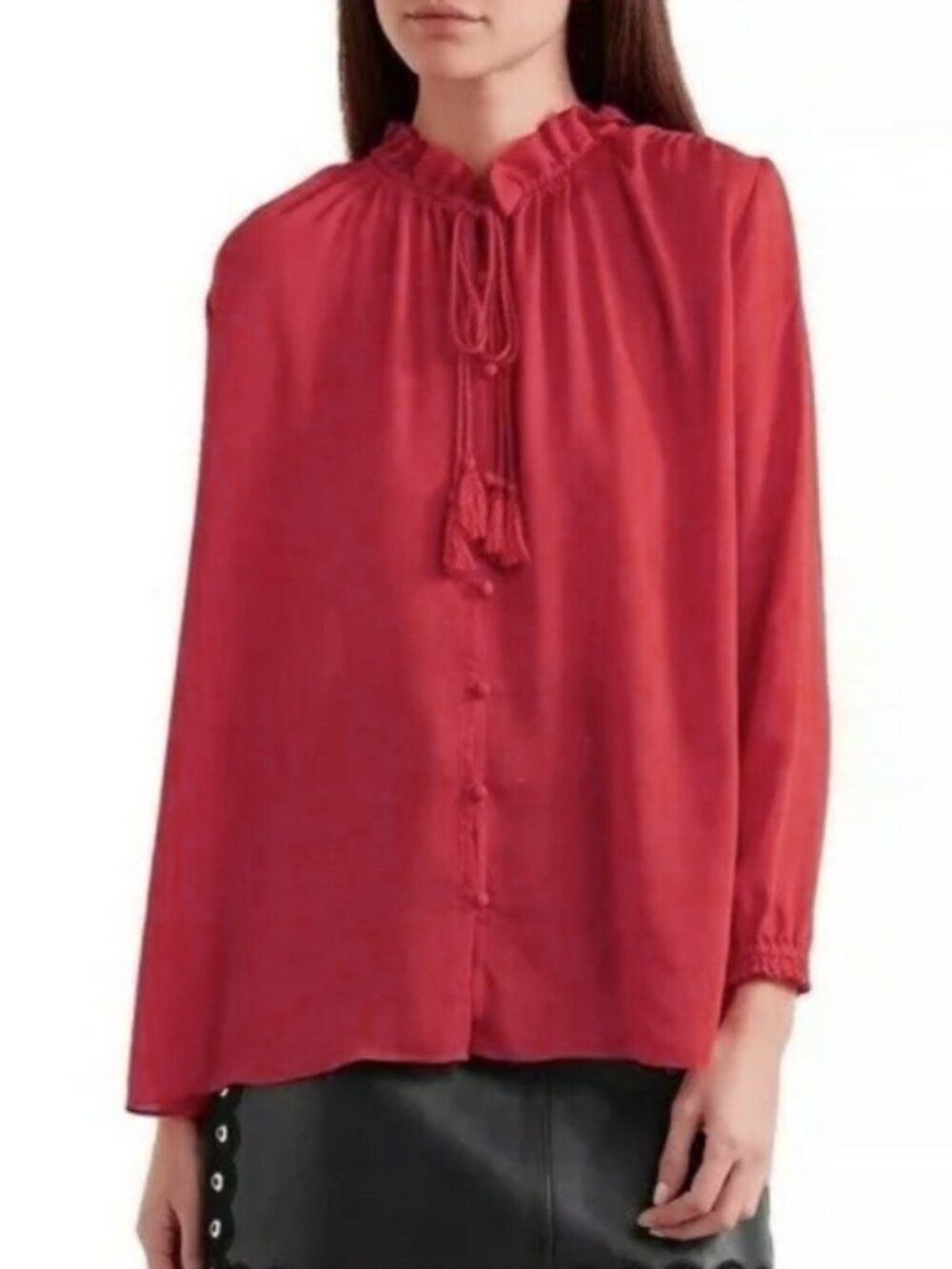 Maje Chiffon Crepe Tie Neck Long Sleeve Blouse Size L